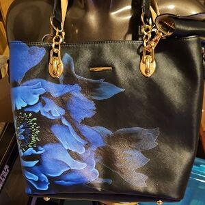 Black and Blue Floral Women's Bag With Gold Accents